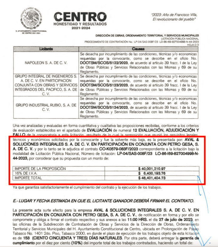 Contrato CO-K0579-083F/2023 por un monto de $46,401,404.73