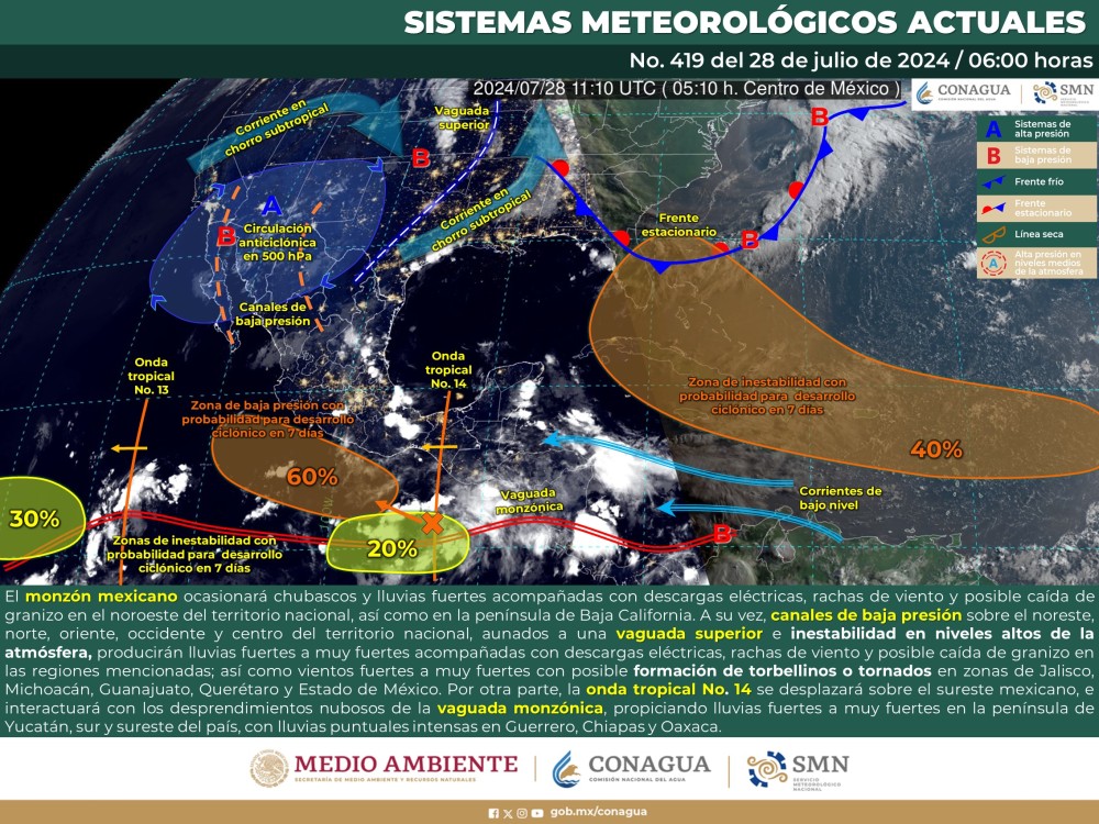 El SMN prevé lluvias intensas en Guerrero, Oaxaca y Chiapas