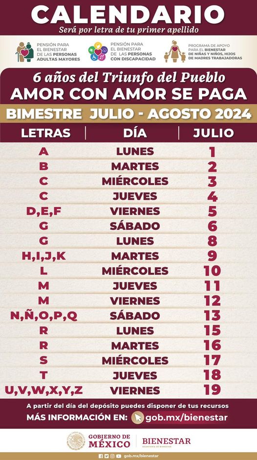 Fechas de pago de Pensiones del Bienestar para el bimestre julio-agosto