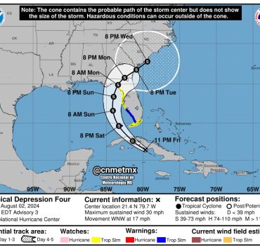 La depresión tropical número 4, se ubica al sur de Cuba, y se espera que mañana se intensifique a tormenta tropical y llevaría el nombre de Debby.