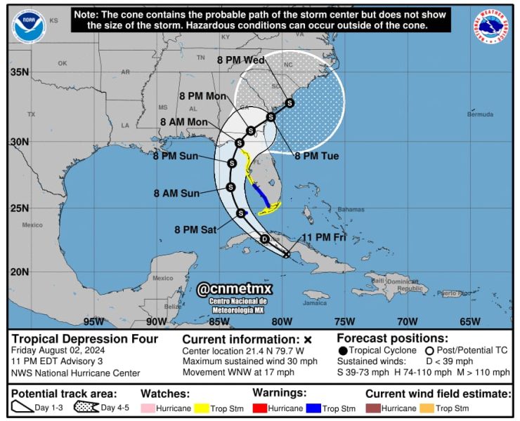 La depresión tropical número 4, se ubica al sur de Cuba, y se espera que mañana se intensifique a tormenta tropical y llevaría el nombre de Debby.