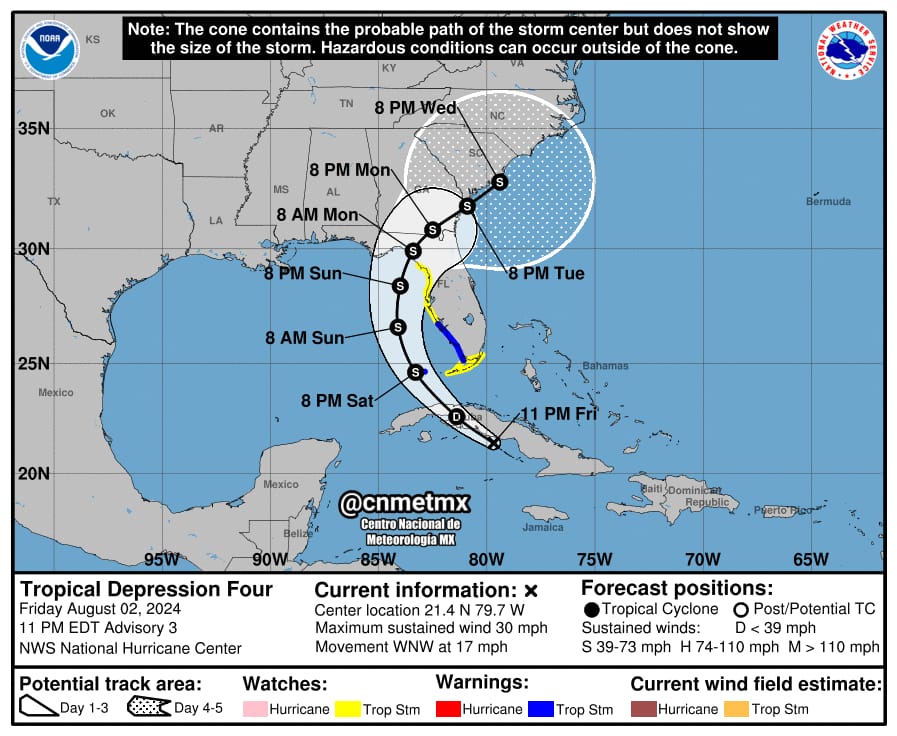 La depresión tropical número 4, se ubica al sur de Cuba, y se espera que mañana se intensifique a tormenta tropical y llevaría el nombre de Debby.