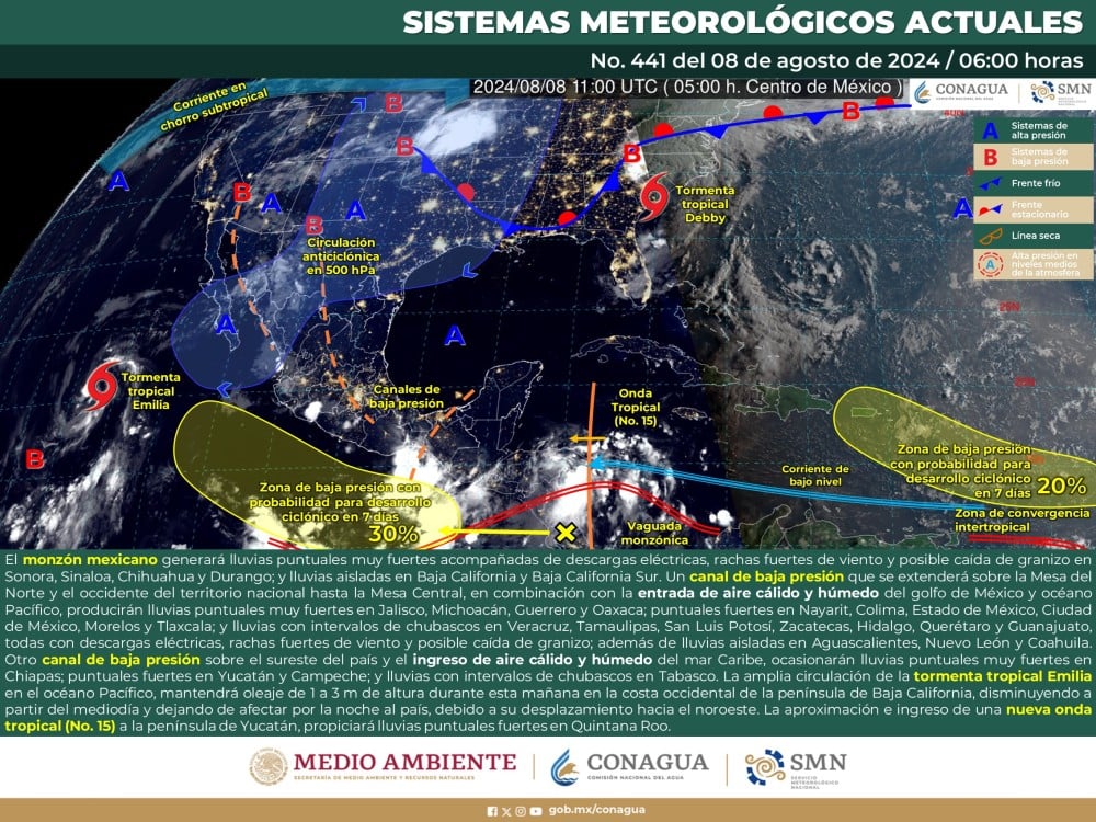 El SMN prevé lluvias fuertes en Sonora, Sinaloa, Chihuanua, Durango, Jalisco, Michoacán, Guerrero, Oaxaca y Chiapas