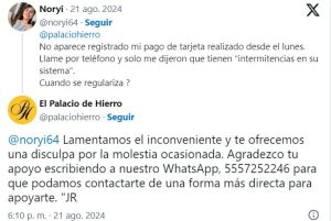 Comentario de una usuaria de Palacio De Hierro, a través de X. 