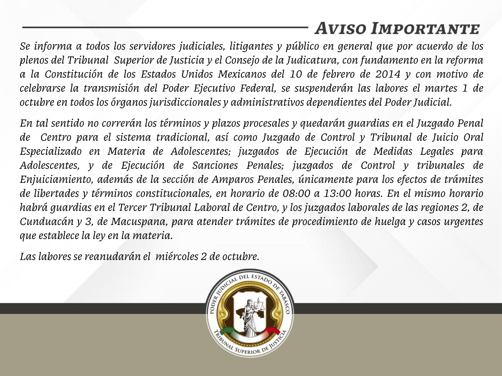 Poder judicial de Tabasco suspenderá labores el martes 1 de octubre