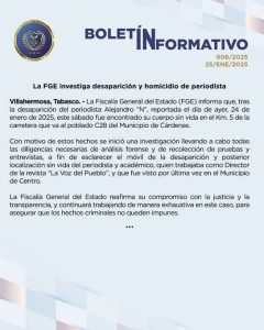 Este es el comunicado que emitió la Fiscalía General del Estado de Tabasco, tras encontrar el cuerpo del periodista. 