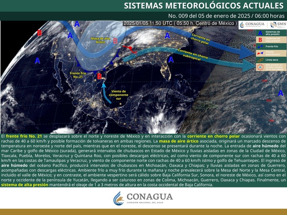 Frente frío No. 21 trae temperaturas extremas y lluvias dispersas a México