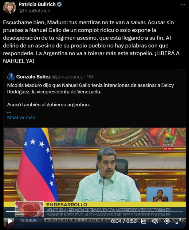 Maduro acusa a Argentina de planear ataque contra vicepresidenta de Venezuela