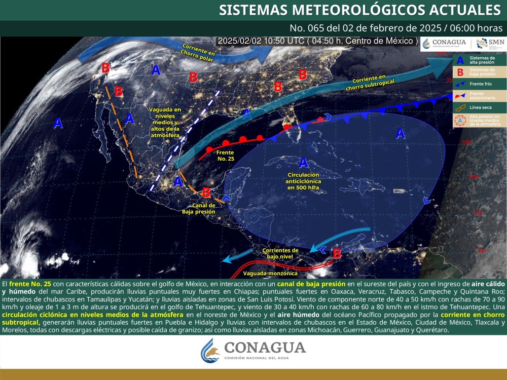 Frente Frío No. 25 traerá lluvias intensas y fuertes vientos al sureste de México