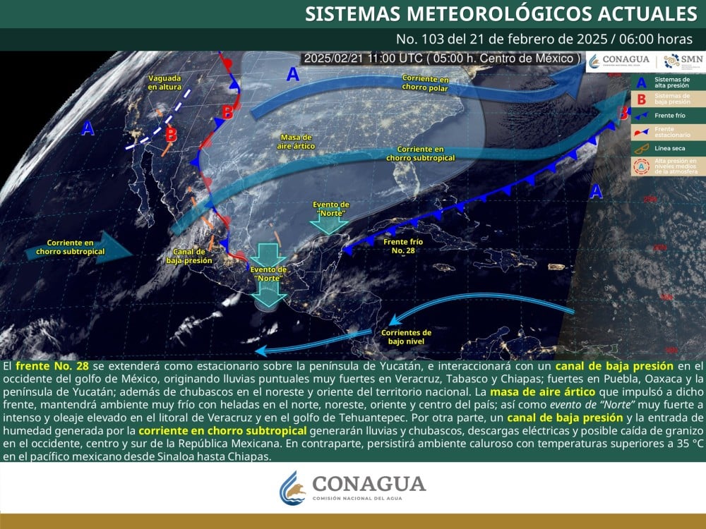 Frente Frío No. 28 provoca lluvias intensas y descenso de temperatura en gran parte de México