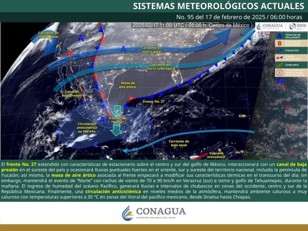 Frente frío No. 27 y masa de aire ártico provocan lluvias y vientos fuertes en el sureste de México