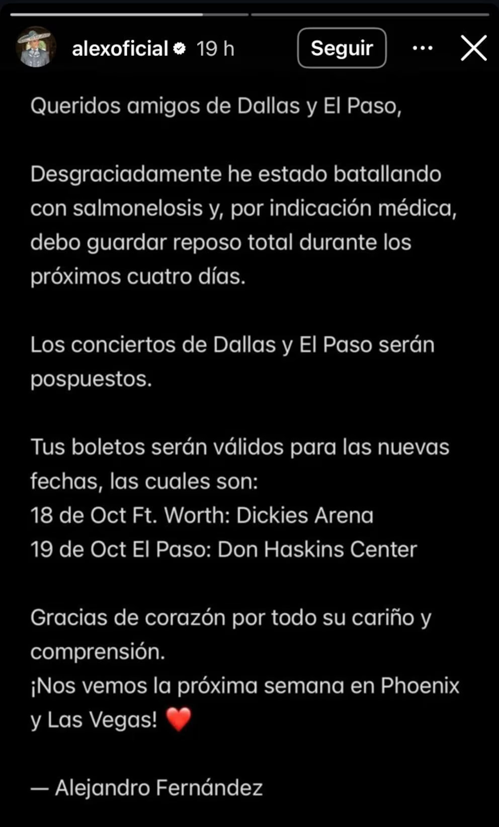 ¿Por qué Alejandro Fernández cancela conciertos en EE. UU.?