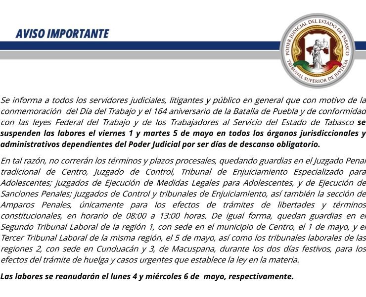 Poder Judicial de Tabasco suspende labores el 1 y 5 de mayo