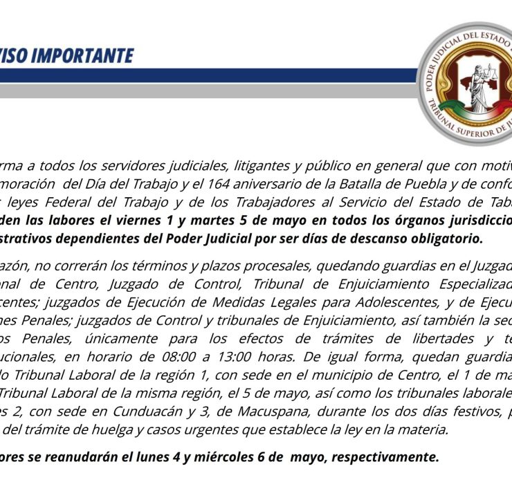 Poder Judicial de Tabasco suspende labores el 1 y 5 de mayo