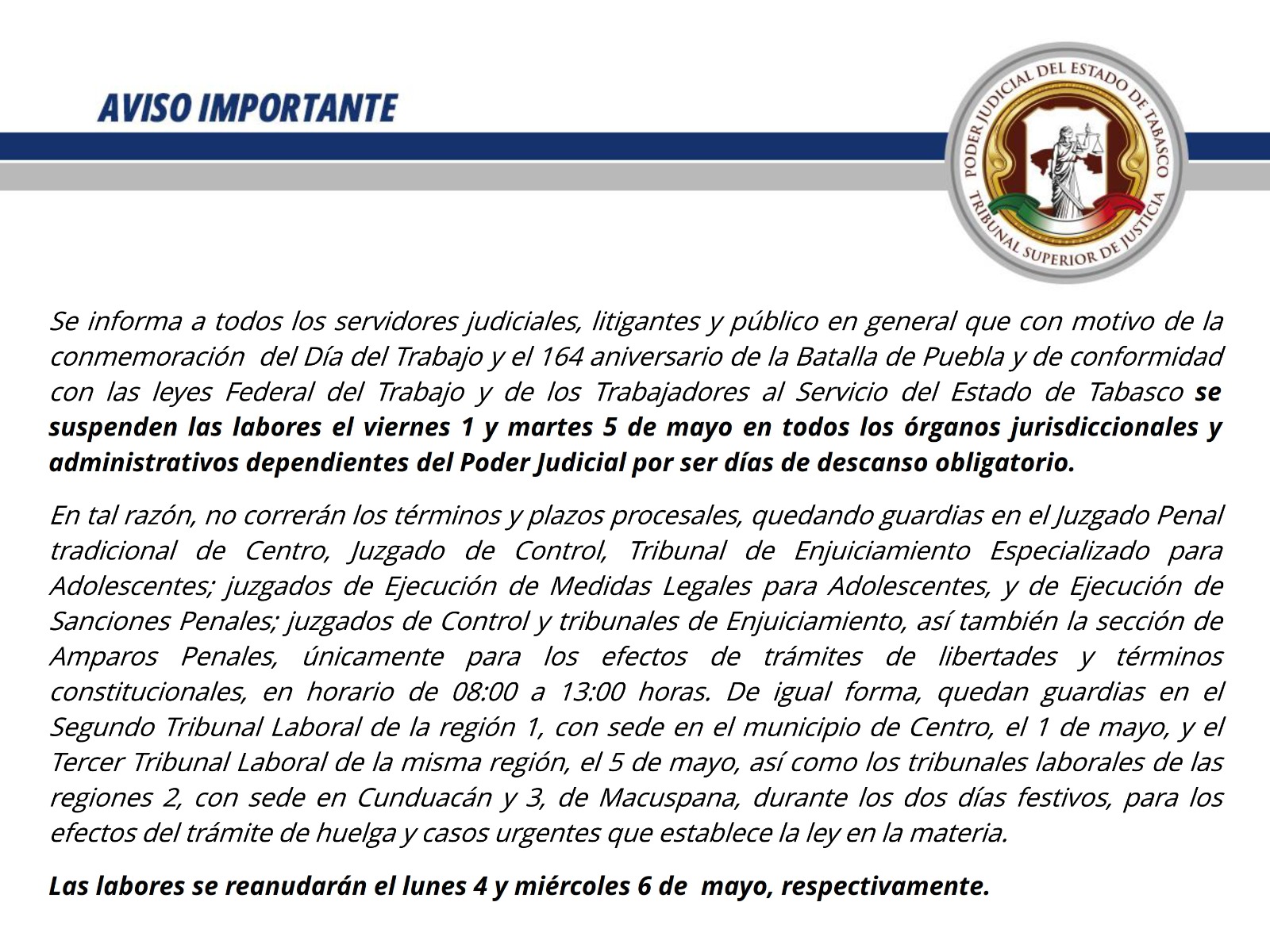 Poder Judicial de Tabasco suspende labores el 1 y 5 de mayo