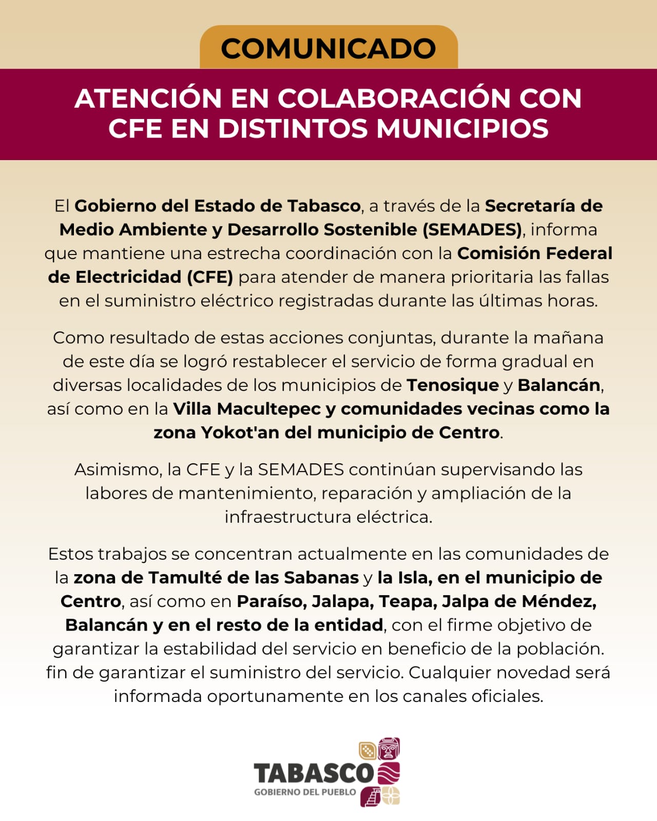 Restablecen energía en comunidades de Tenosique y Balancán