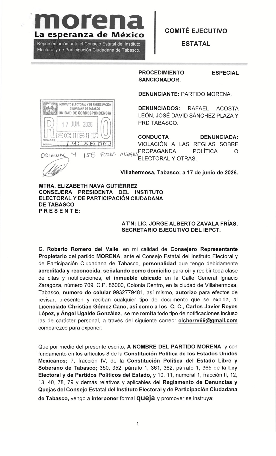 Presenta MORENA denuncia contra el PRD y su dirigente Rafael Acosta León