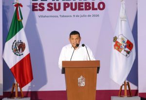 El gobernador Javier May Rodríguez durante la presentación de su segundo informe, donde destacó los Resultados alcanzados en Tabasco en materia de bienestar social, infraestructura, seguridad y desarrollo económico para las familias tabasqueñas.